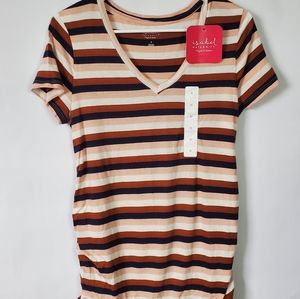 NWT Isabel Maternity Navy, Pink, Brown, and Sream Striped V-neck T-shirt